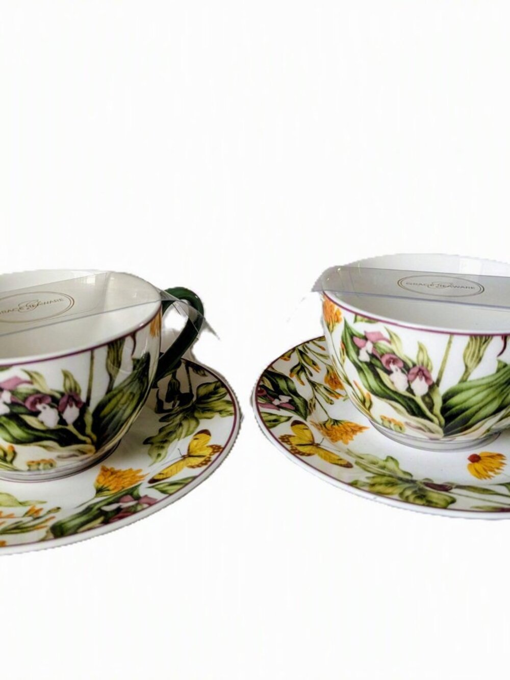GRACE TEAWARE BUTTERFLIES AND FLOWERS PORCELAIN 2 TEA CUPS &2 SAUCERS NEW